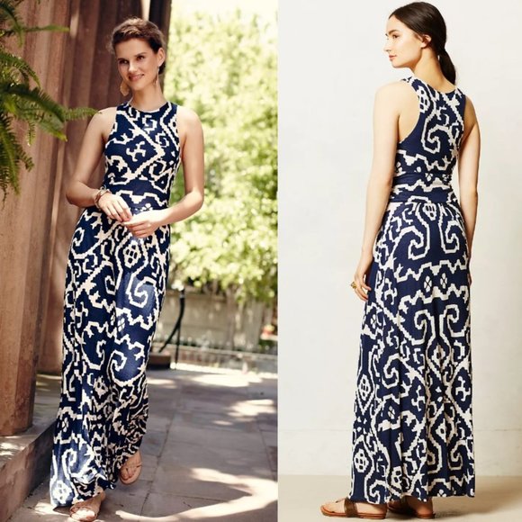 Anthropologie Maeve Scrollwork Blue White Printed Tribal Sleeveless Maxi Dress - Picture 1 of 7